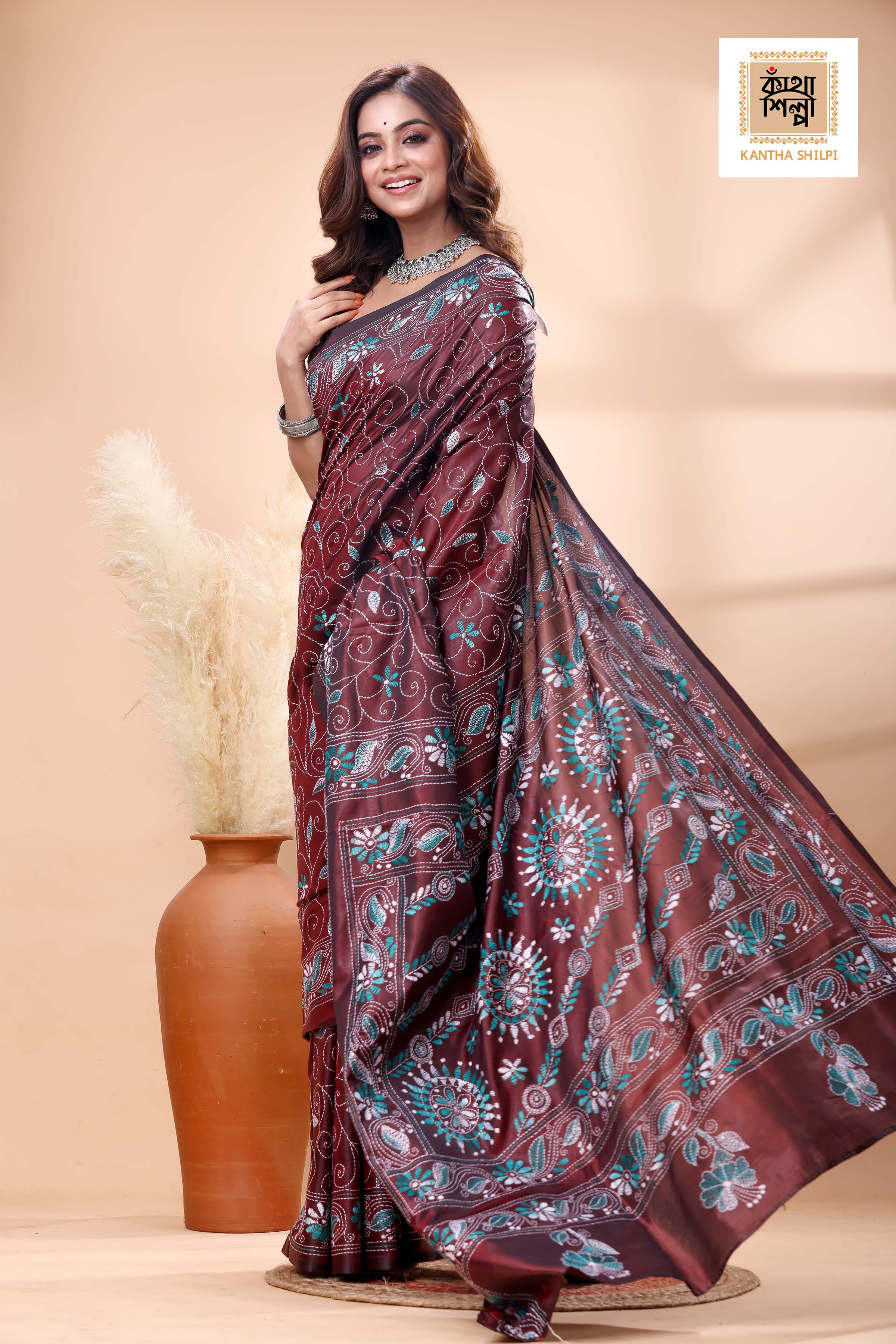 Maroon Color Bangalore Silk white-sea green color Thread Work Kantha Stitch Saree