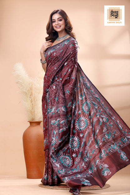 Maroon Color Bangalore Silk white-sea green color Thread Work Kantha Stitch Saree
