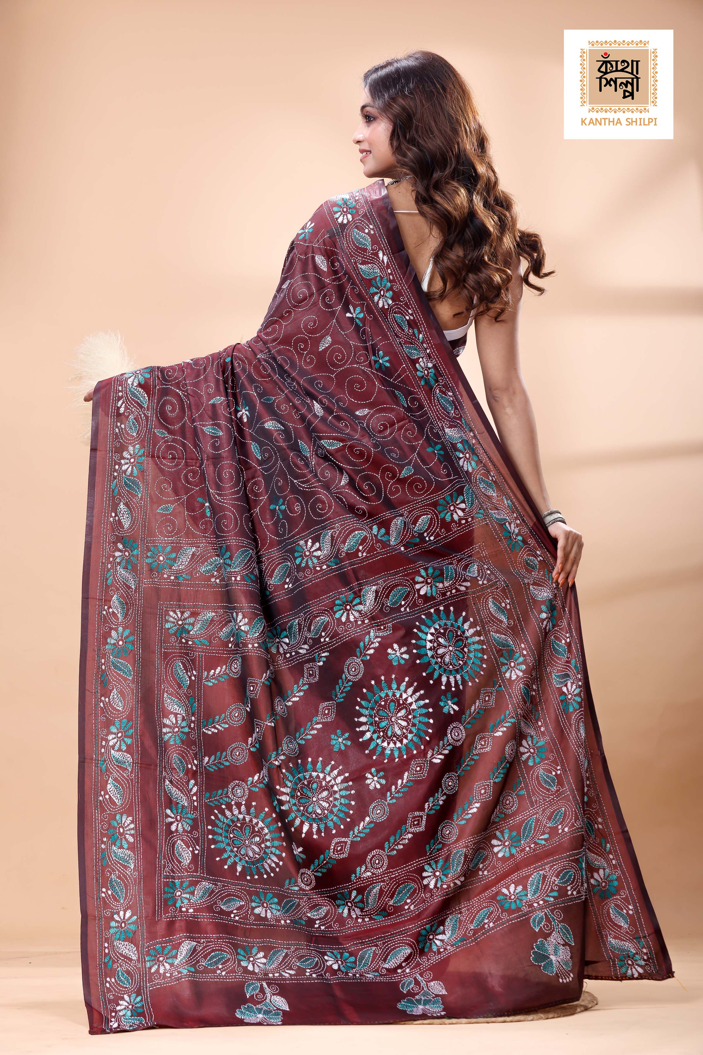 Maroon Color Bangalore Silk white-sea green color Thread Work Kantha Stitch Saree