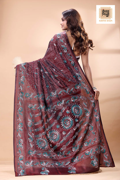 Maroon Color Bangalore Silk white-sea green color Thread Work Kantha Stitch Saree