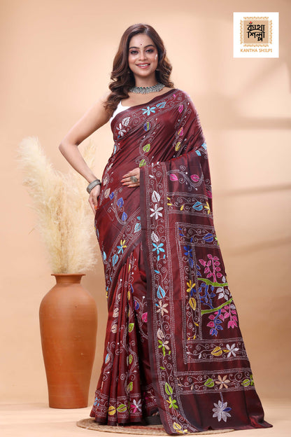 Maroon Color Bangalore Silk Multicolor Thread Work Kantha Stitch Saree