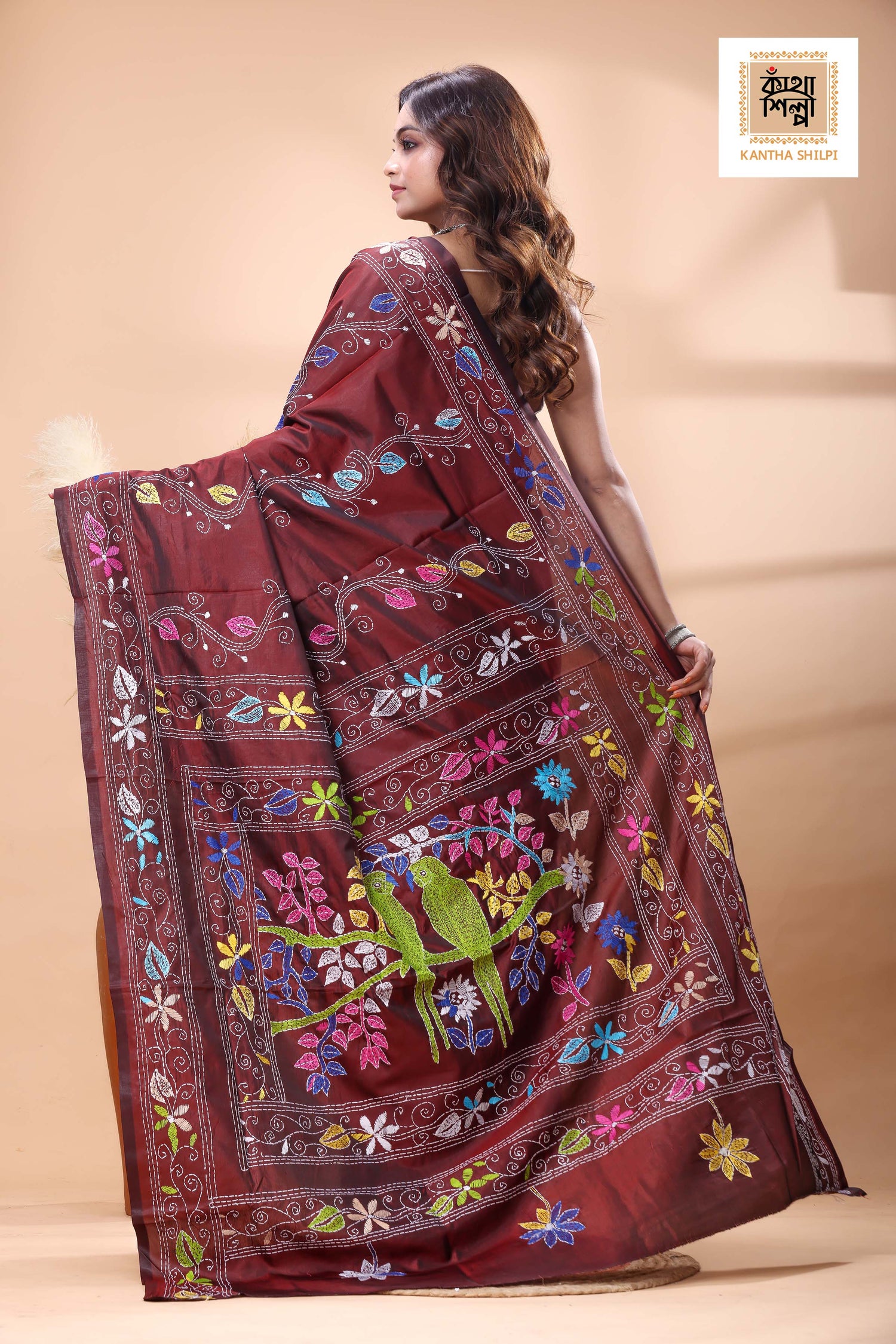 Maroon Color Bangalore Silk Multicolor Thread Work Kantha Stitch Saree
