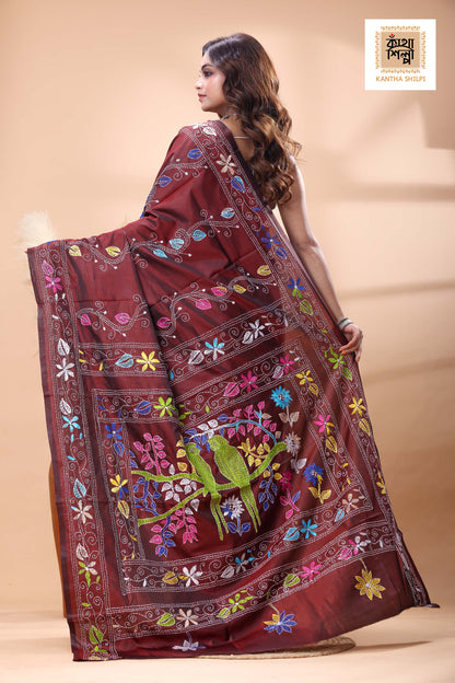Maroon Color Bangalore Silk Multicolor Thread Work Kantha Stitch Saree