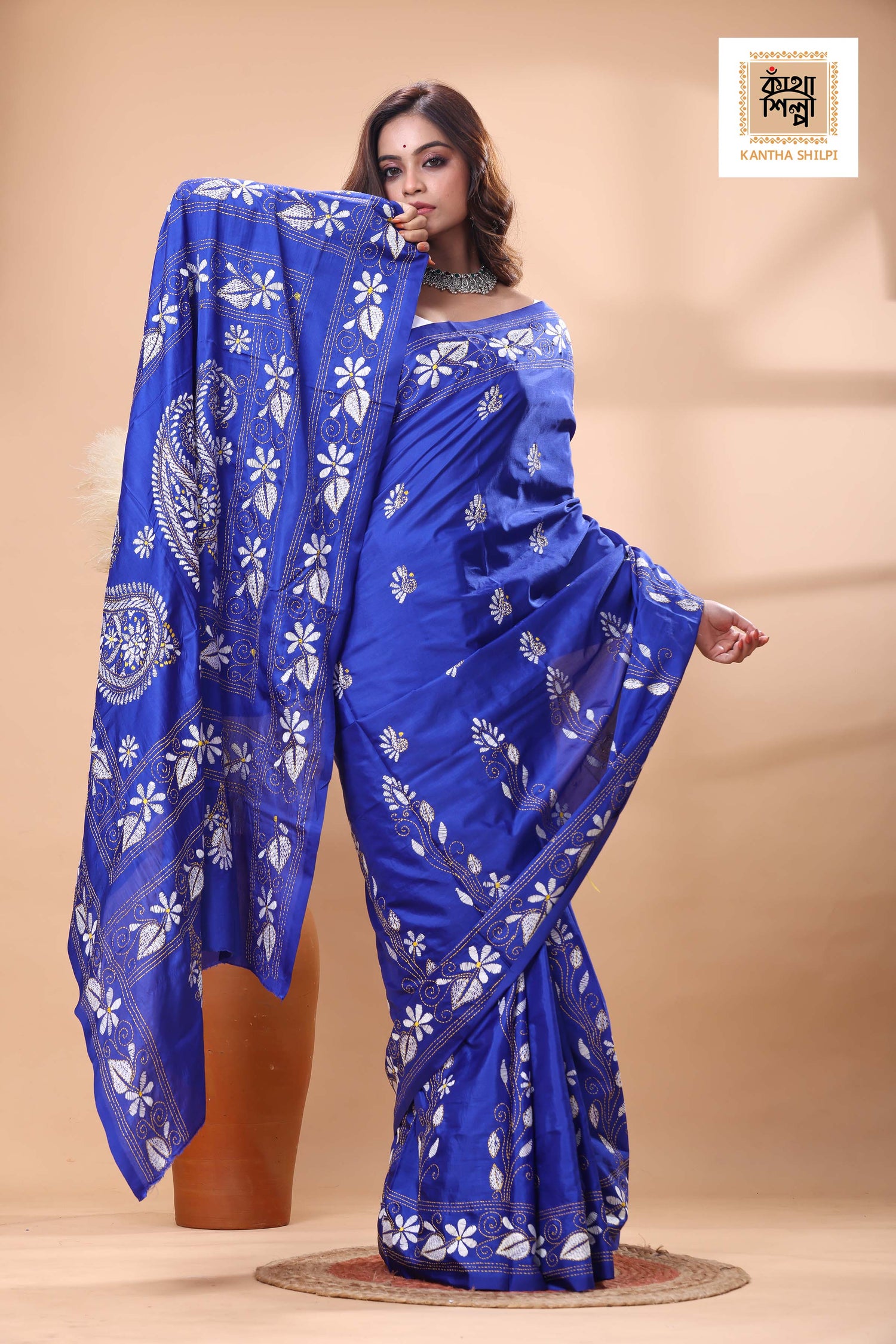 Blue Color Bangalore Silk White Color Thread Work Kantha Stitch Saree