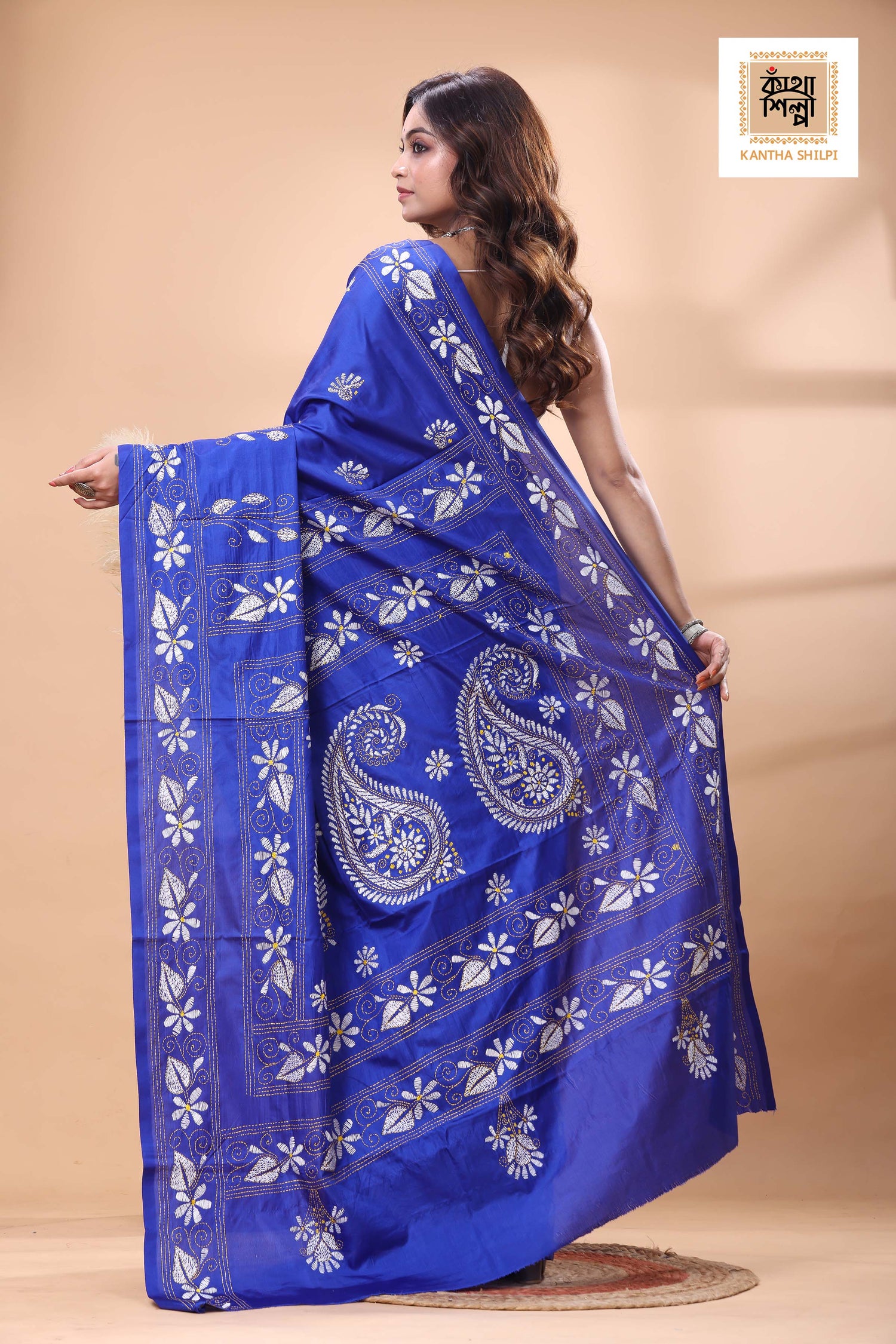 Blue Color Bangalore Silk White Color Thread Work Kantha Stitch Saree