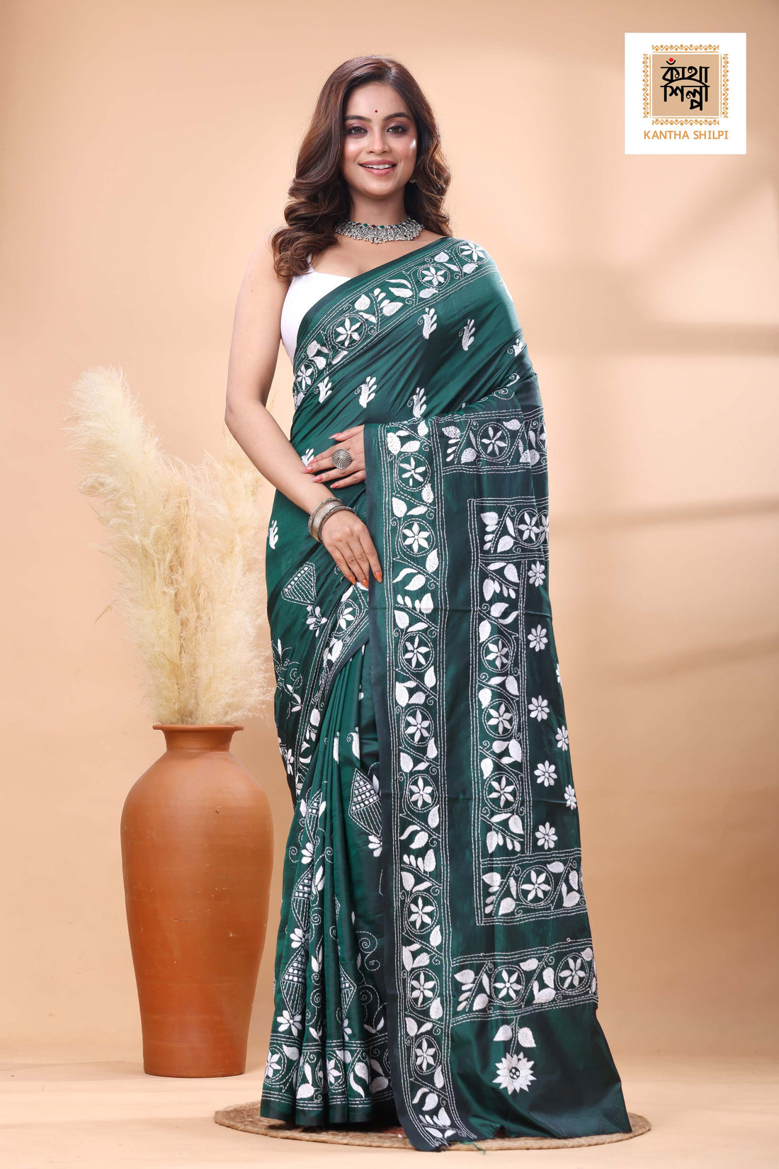 Green Color Bangalore Silk White Color Thread Work Kantha Stitch Saree