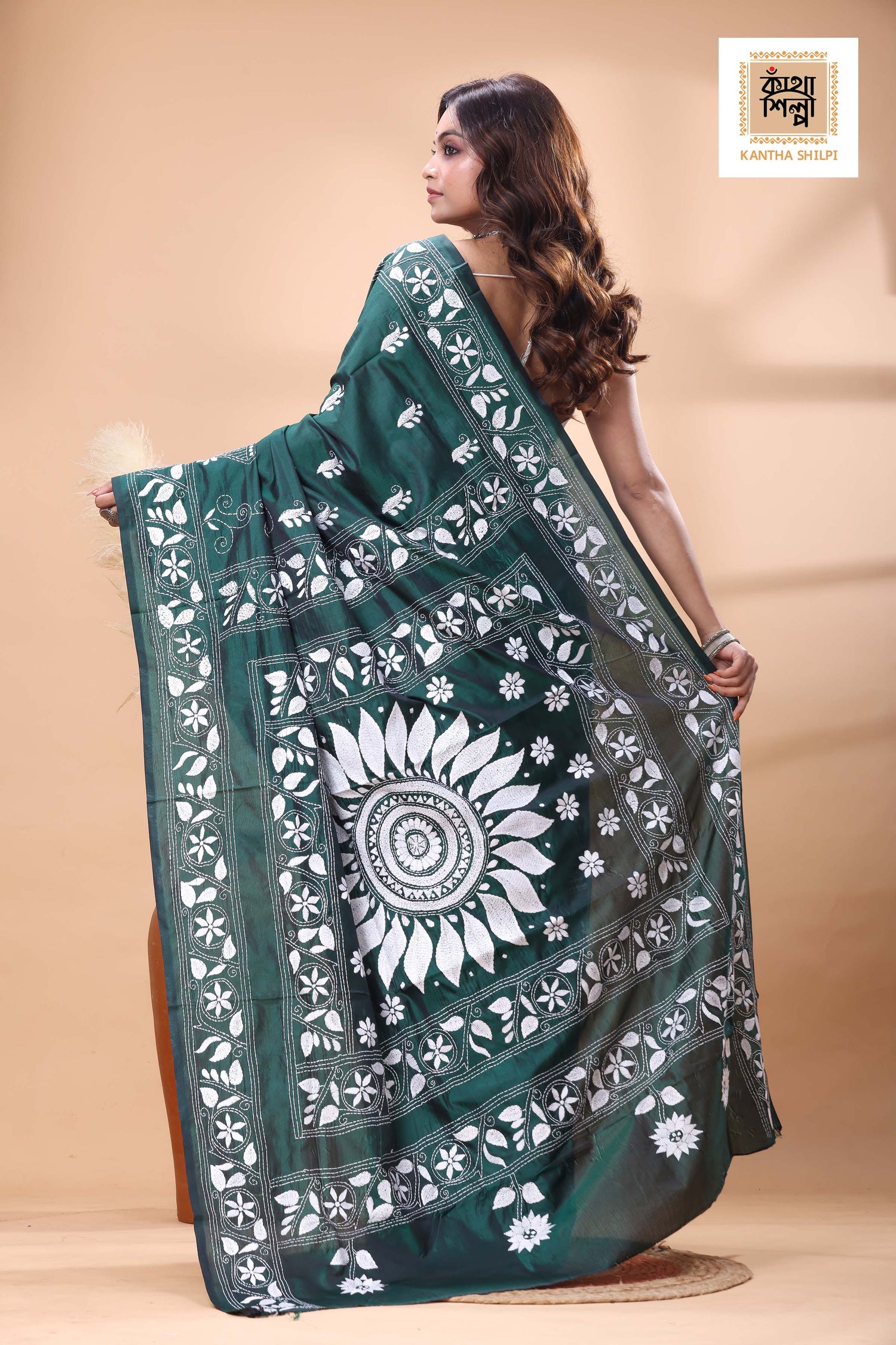 Green Color Bangalore Silk White Color Thread Work Kantha Stitch Saree