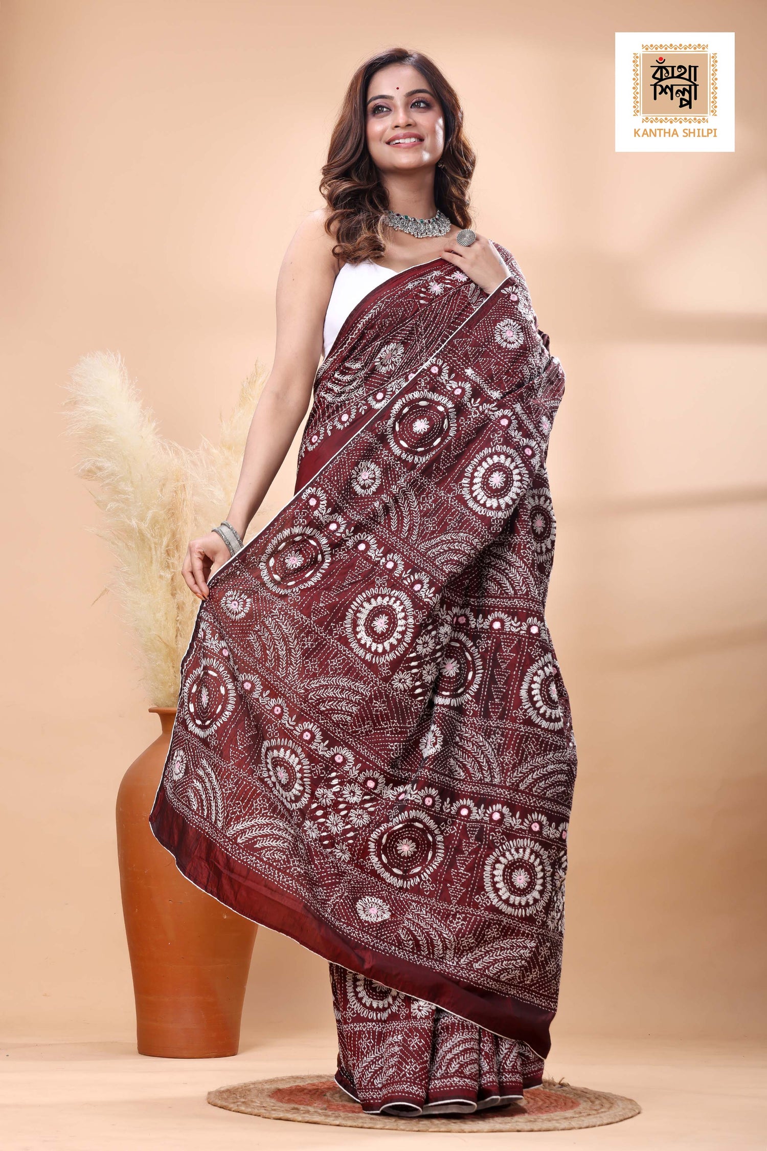 Maroon Color Bangalore Silk White Color Thread Work Lambani Stitch Saree