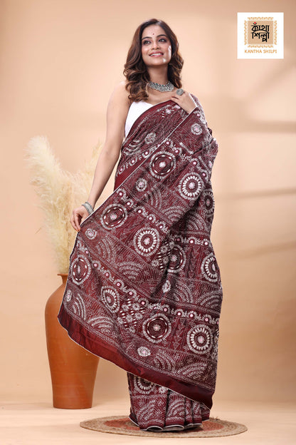 Maroon Color Bangalore Silk White Color Thread Work Lambani Stitch Saree