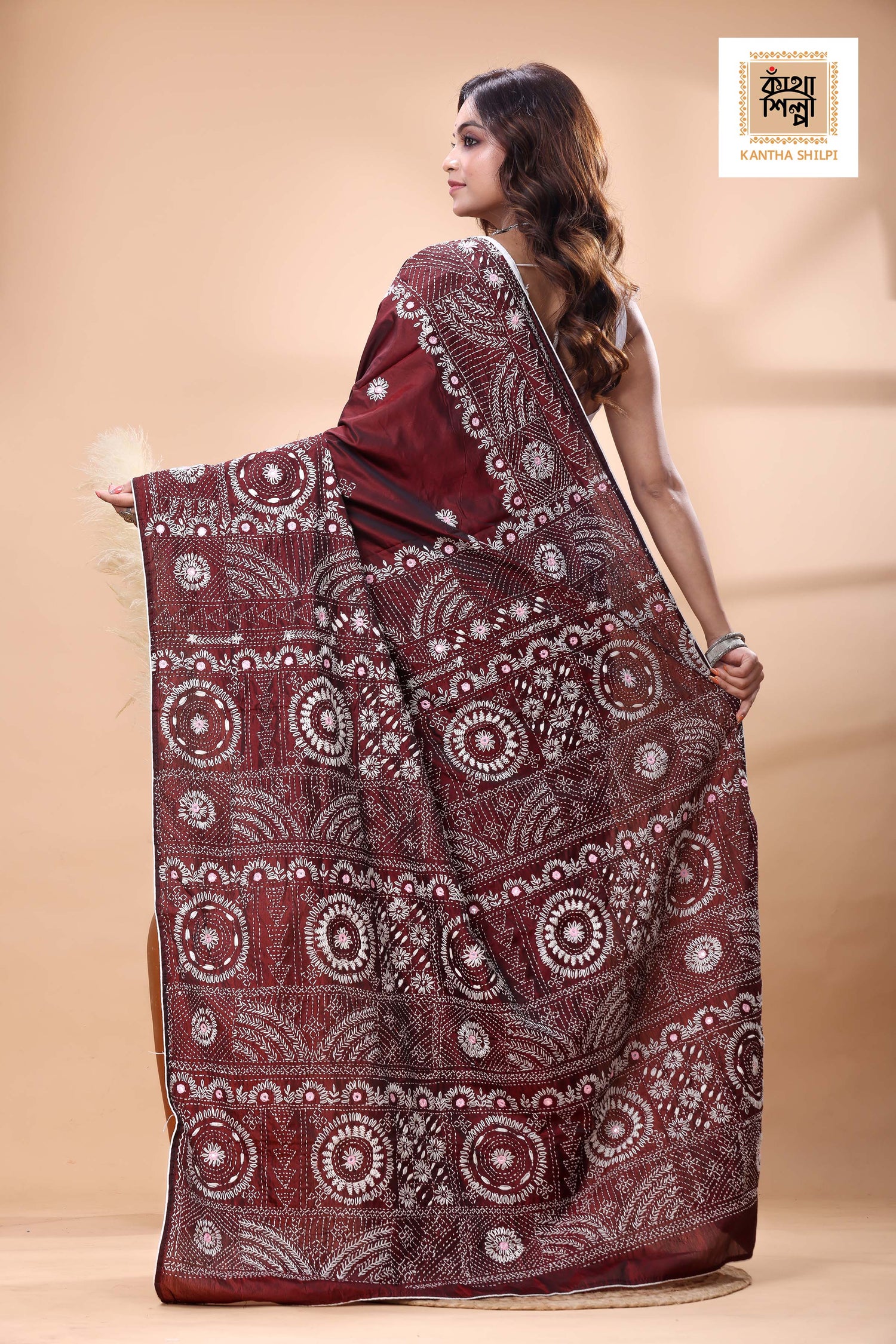 Maroon Color Bangalore Silk White Color Thread Work Lambani Stitch Saree