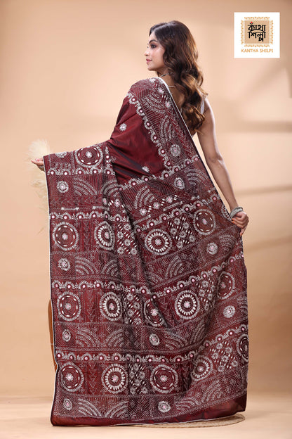 Maroon Color Bangalore Silk White Color Thread Work Lambani Stitch Saree