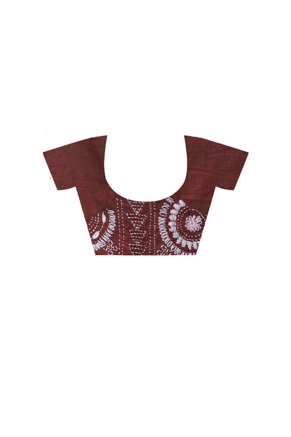 Maroon Color Bangalore Silk White Color Thread Work Lambani Stitch Saree