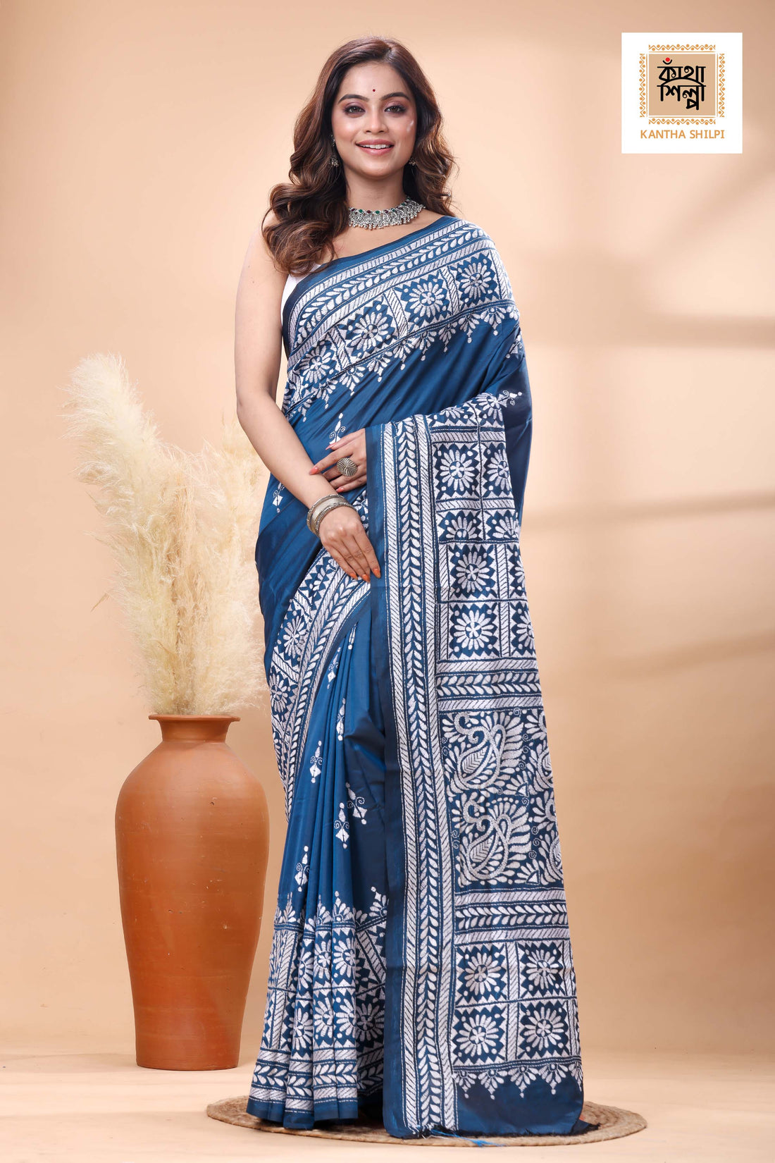 Blue Color Bangalore Silk White Color Thread Work Kantha Stitch Saree