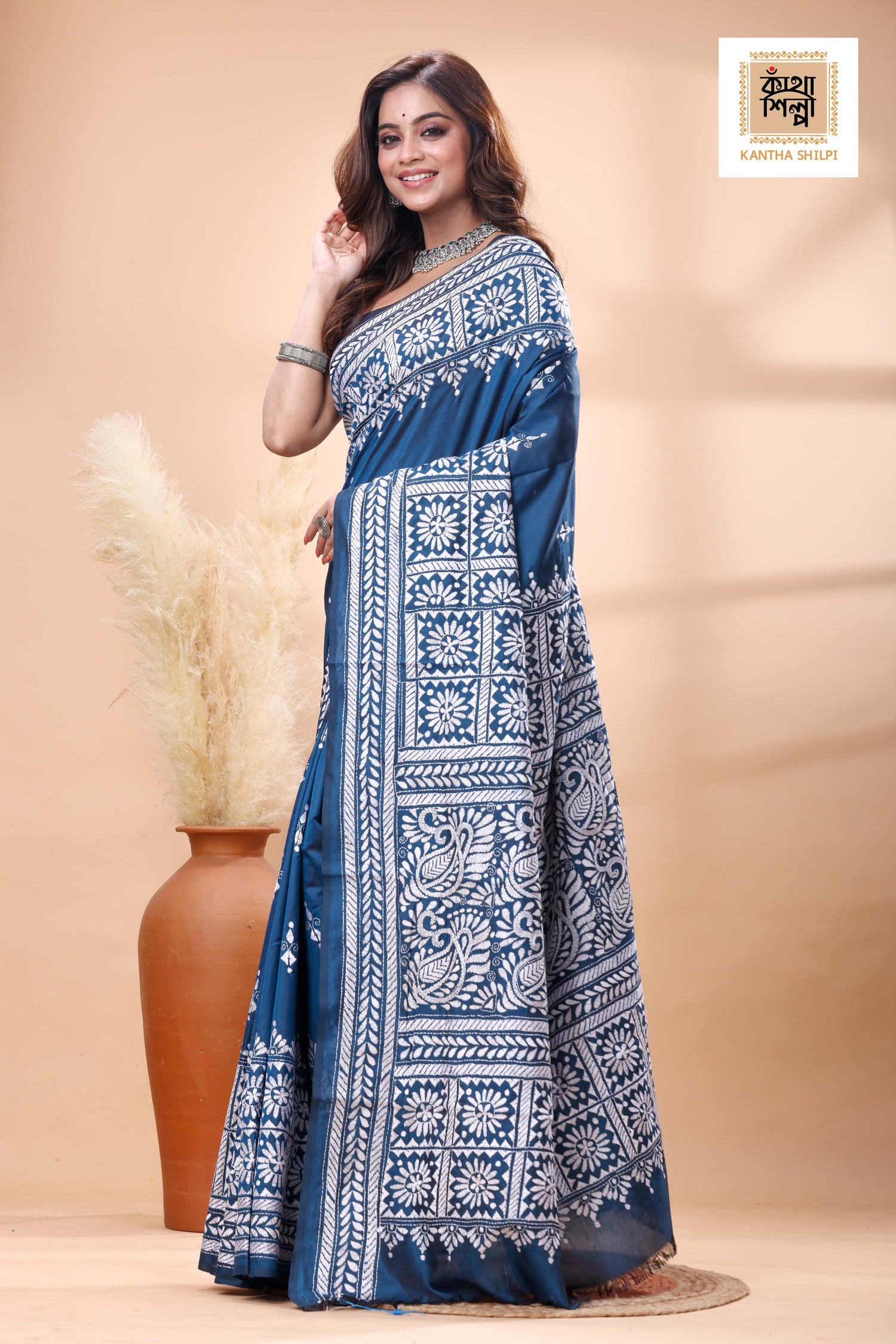 Blue Color Bangalore Silk White Color Thread Work Kantha Stitch Saree