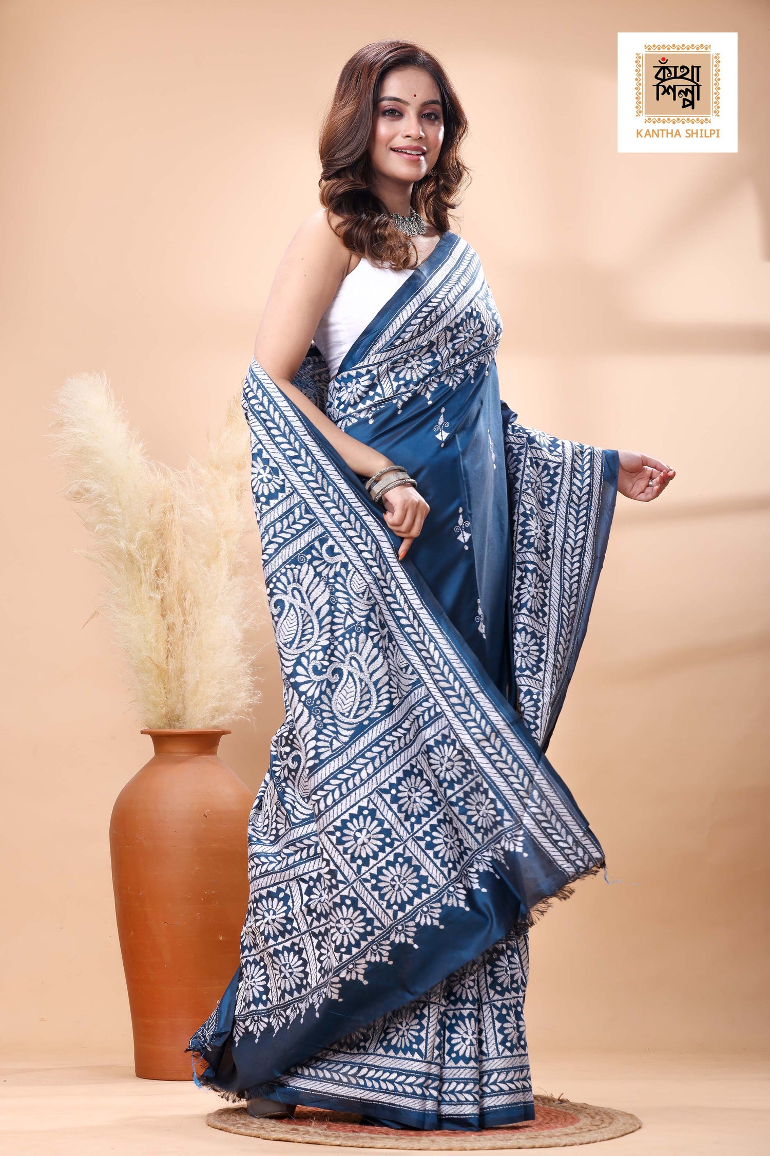 Blue Color Bangalore Silk White Color Thread Work Kantha Stitch Saree