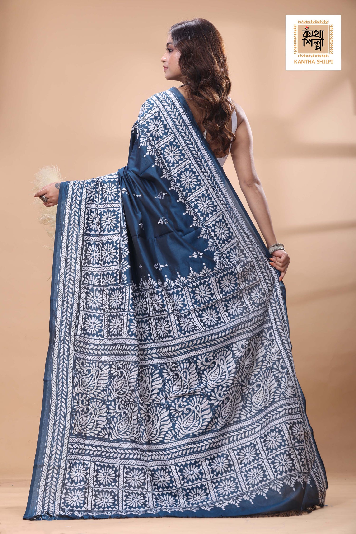 Blue Color Bangalore Silk White Color Thread Work Kantha Stitch Saree
