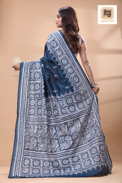 Blue Color Bangalore Silk White Color Thread Work Kantha Stitch Saree