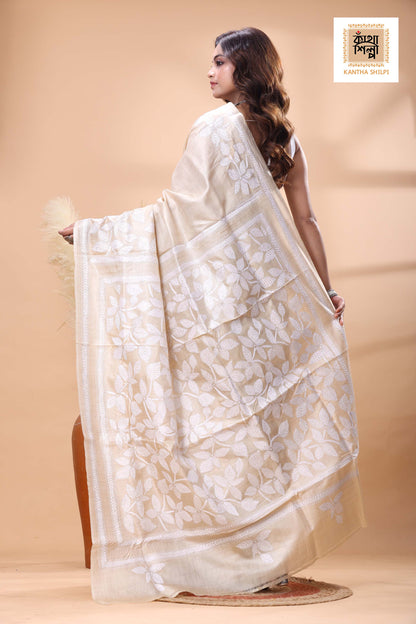 Pure Gachi Tussar White Color Thread Work Kantha Stitch Saree