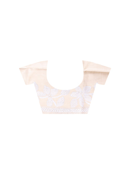 Pure Gachi Tussar White Color Thread Work Kantha Stitch Saree