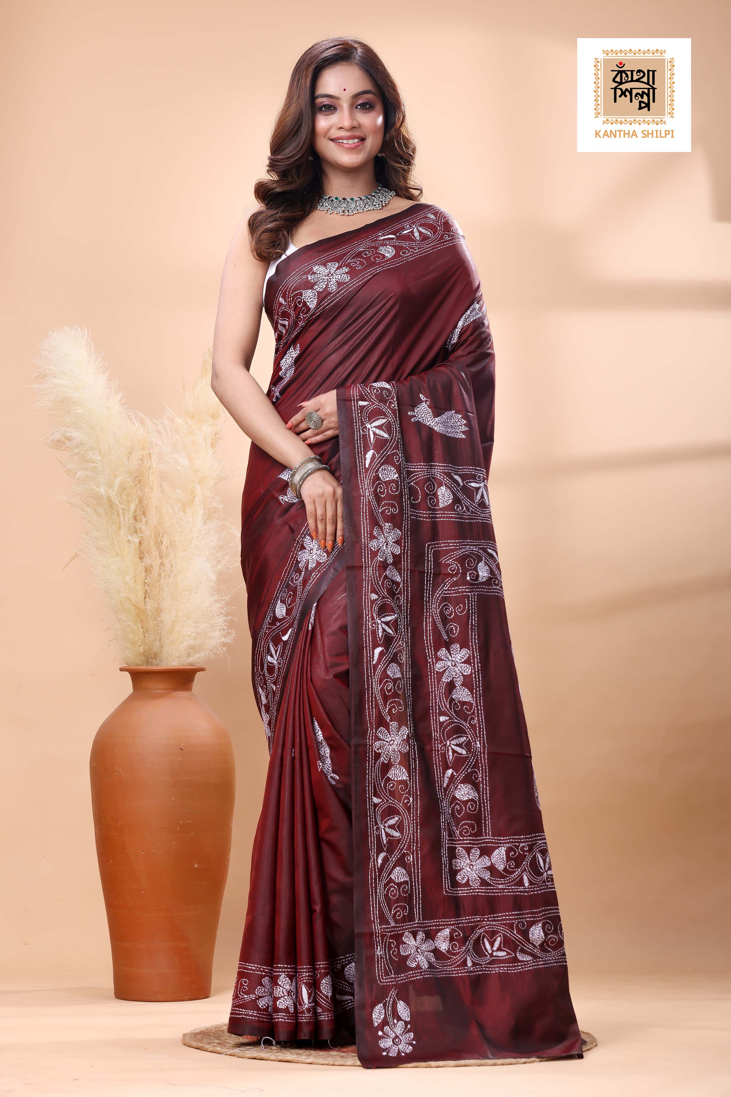 Maroon Color Bangalore Silk White Color Thread Work Kantha Stitch Saree
