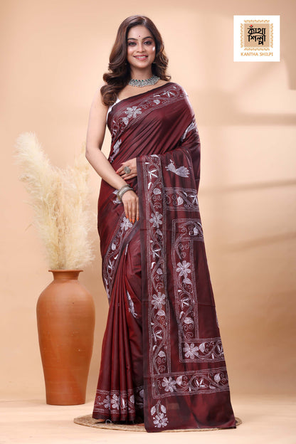 Maroon Color Bangalore Silk White Color Thread Work Kantha Stitch Saree