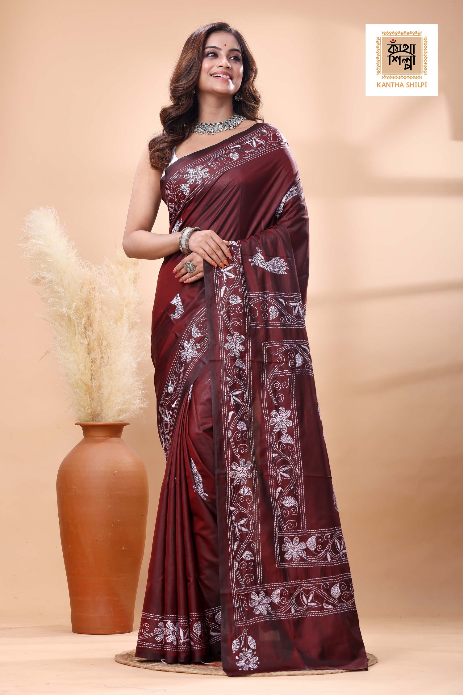 Maroon Color Bangalore Silk White Color Thread Work Kantha Stitch Saree