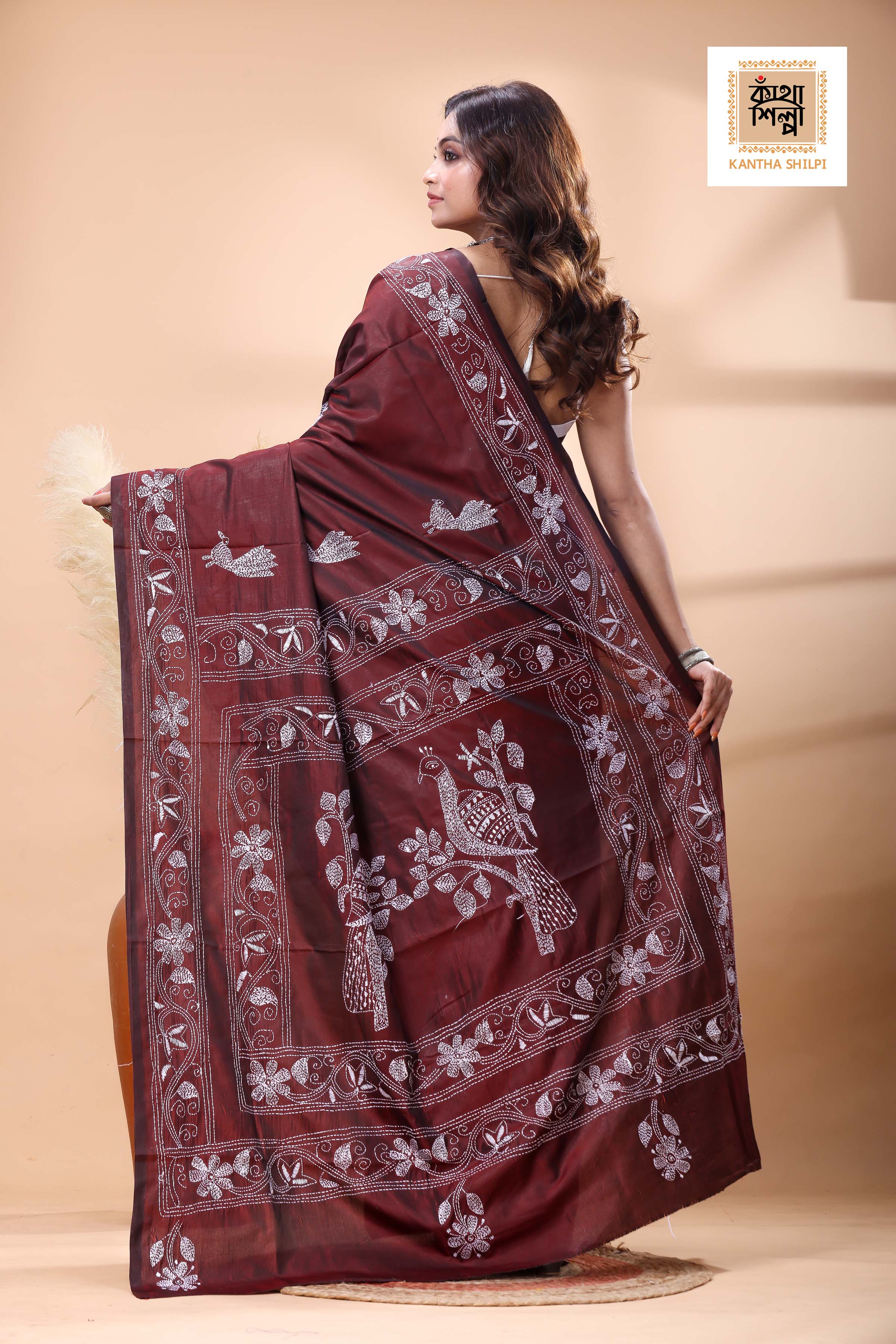 Maroon Color Bangalore Silk White Color Thread Work Kantha Stitch Saree