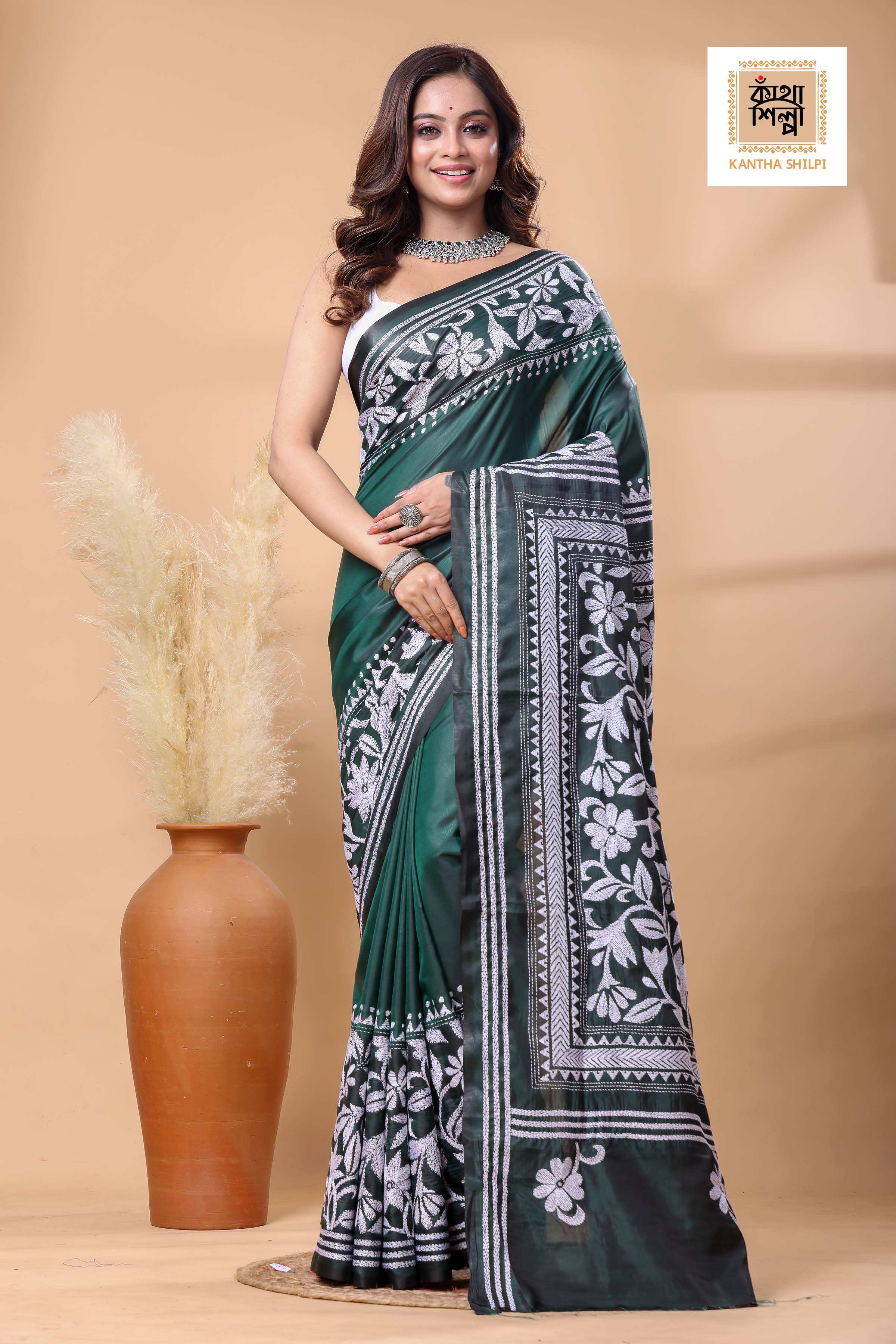 Green Color Bangalore Silk White Color Thread Work Kantha Stitch Saree