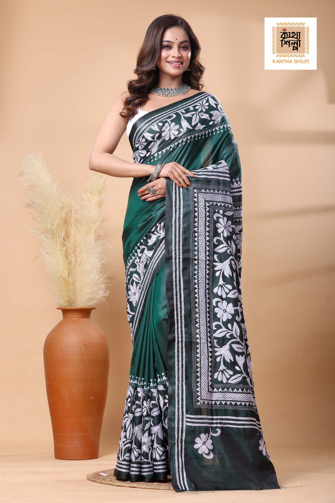 Green Color Bangalore Silk White Color Thread Work Kantha Stitch Saree
