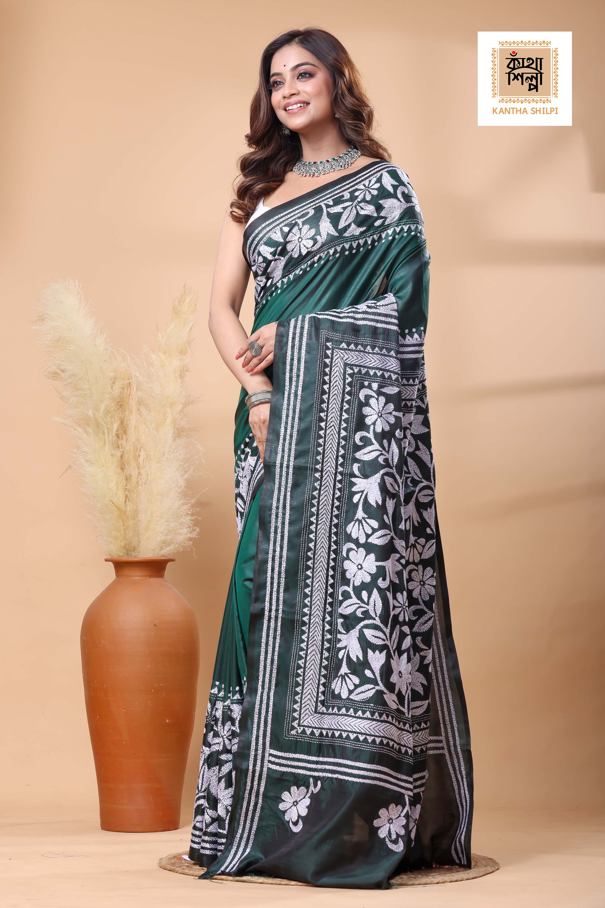 Green Color Bangalore Silk White Color Thread Work Kantha Stitch Saree