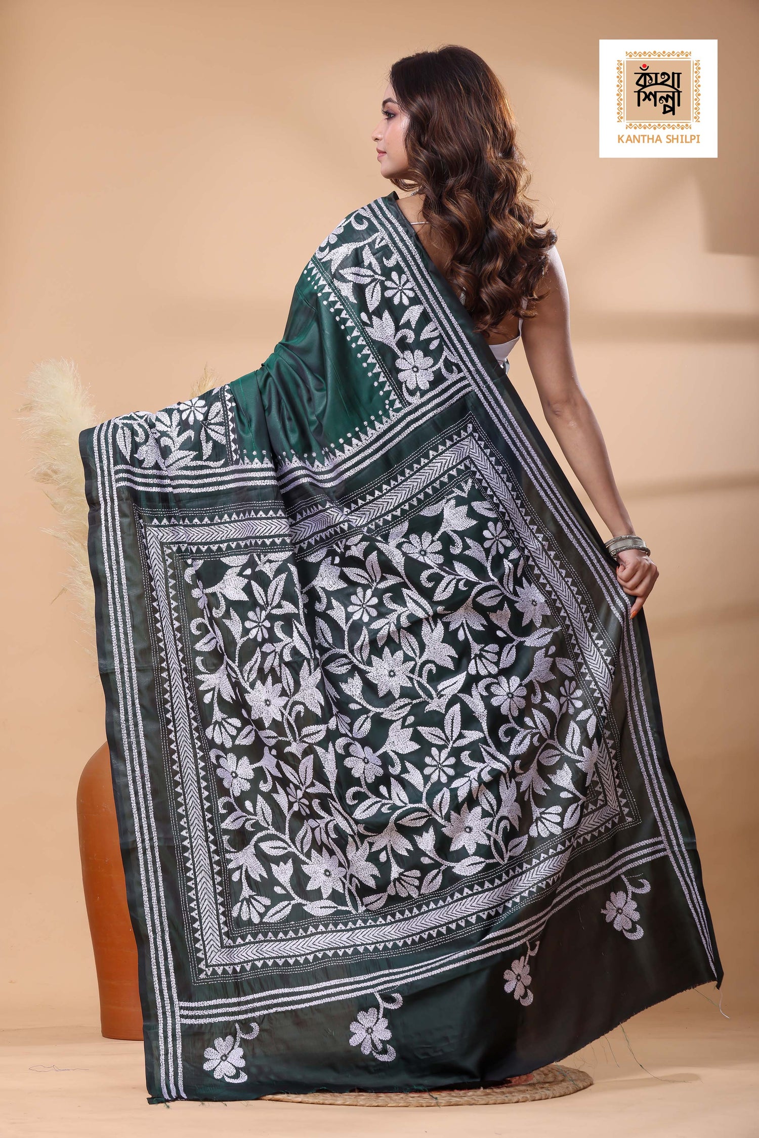 Green Color Bangalore Silk White Color Thread Work Kantha Stitch Saree