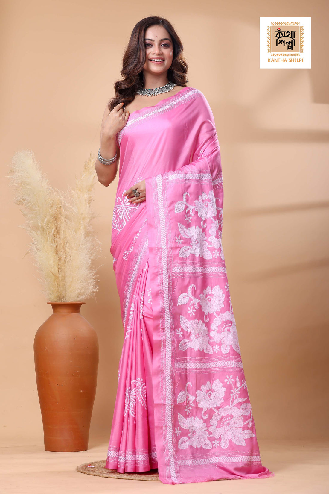 Pink Color Bangalore Silk White Color Thread Work Kantha Stitch Saree