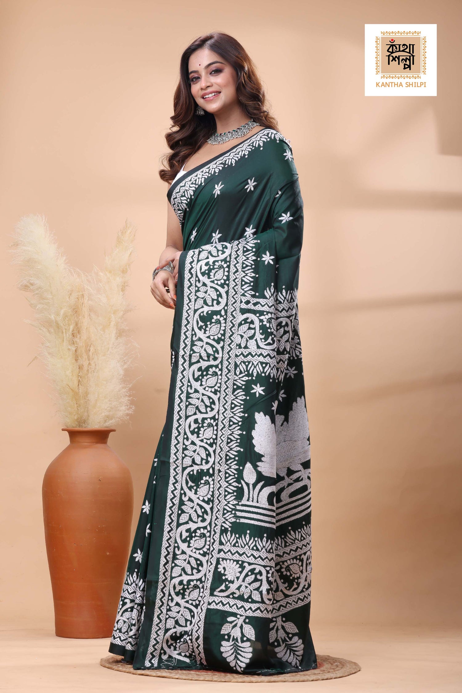 Green Color Bangalore Silk White Color Thread Work Kantha Stitch Saree
