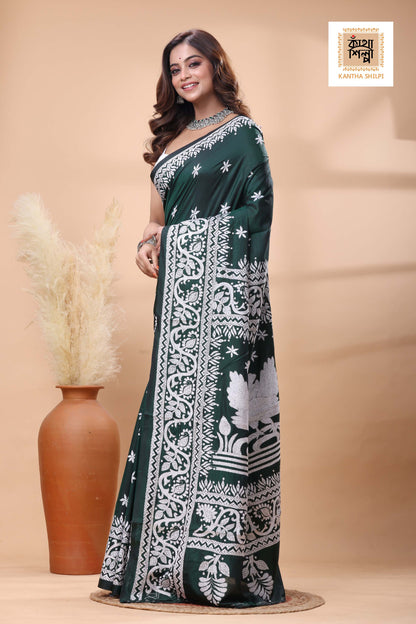 Green Color Bangalore Silk White Color Thread Work Kantha Stitch Saree