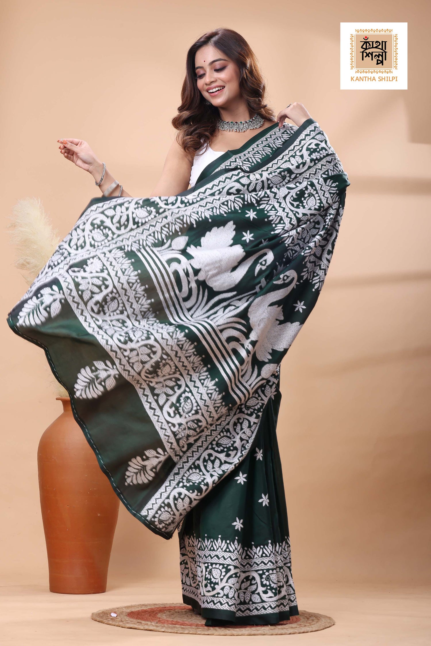 Green Color Bangalore Silk White Color Thread Work Kantha Stitch Saree
