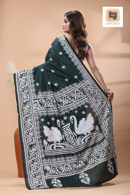Green Color Bangalore Silk White Color Thread Work Kantha Stitch Saree