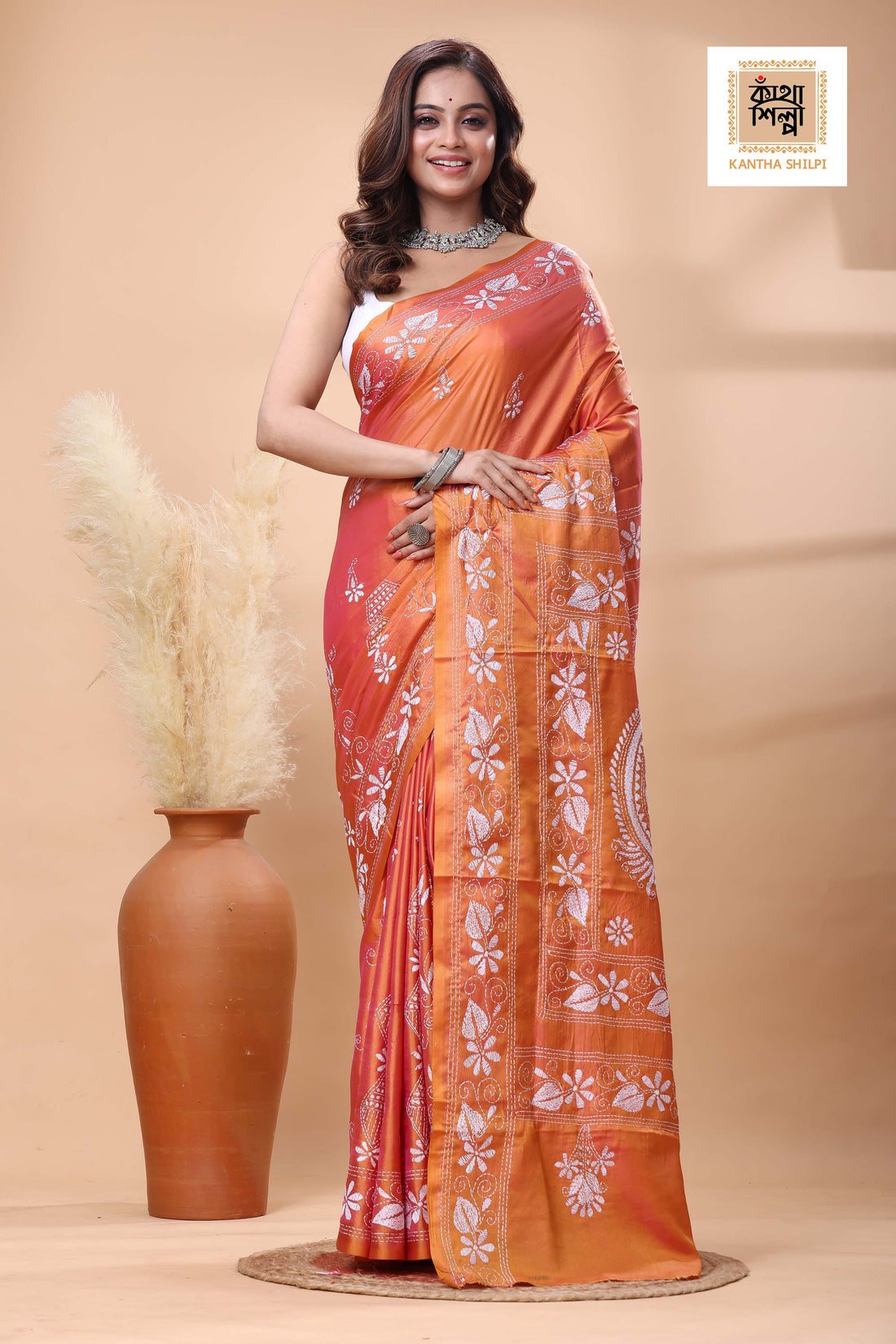 Orange Color Bangalore Silk White Color Thread Work Kantha Stitch Saree