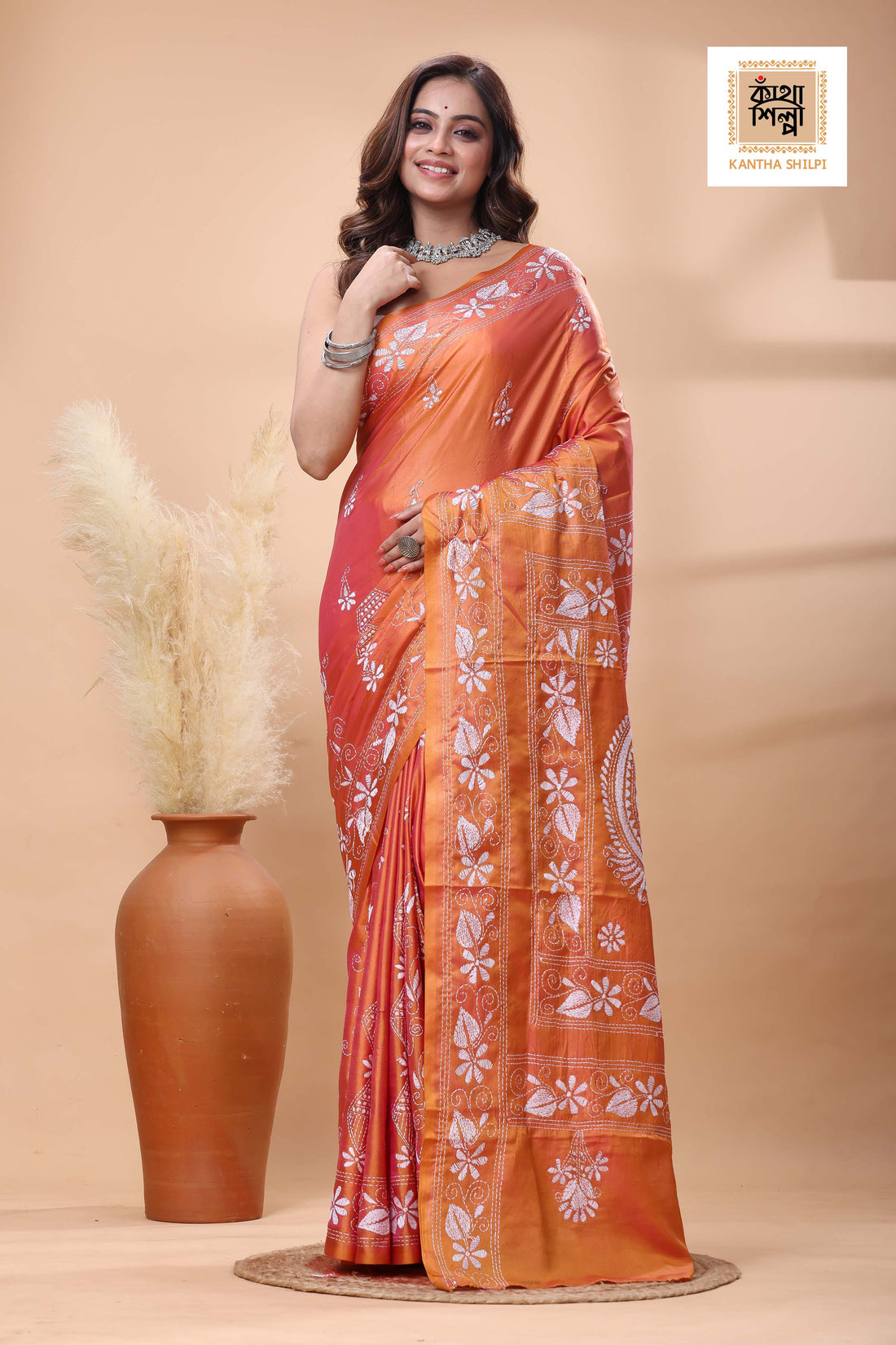 Orange Color Bangalore Silk White Color Thread Work Kantha Stitch Saree