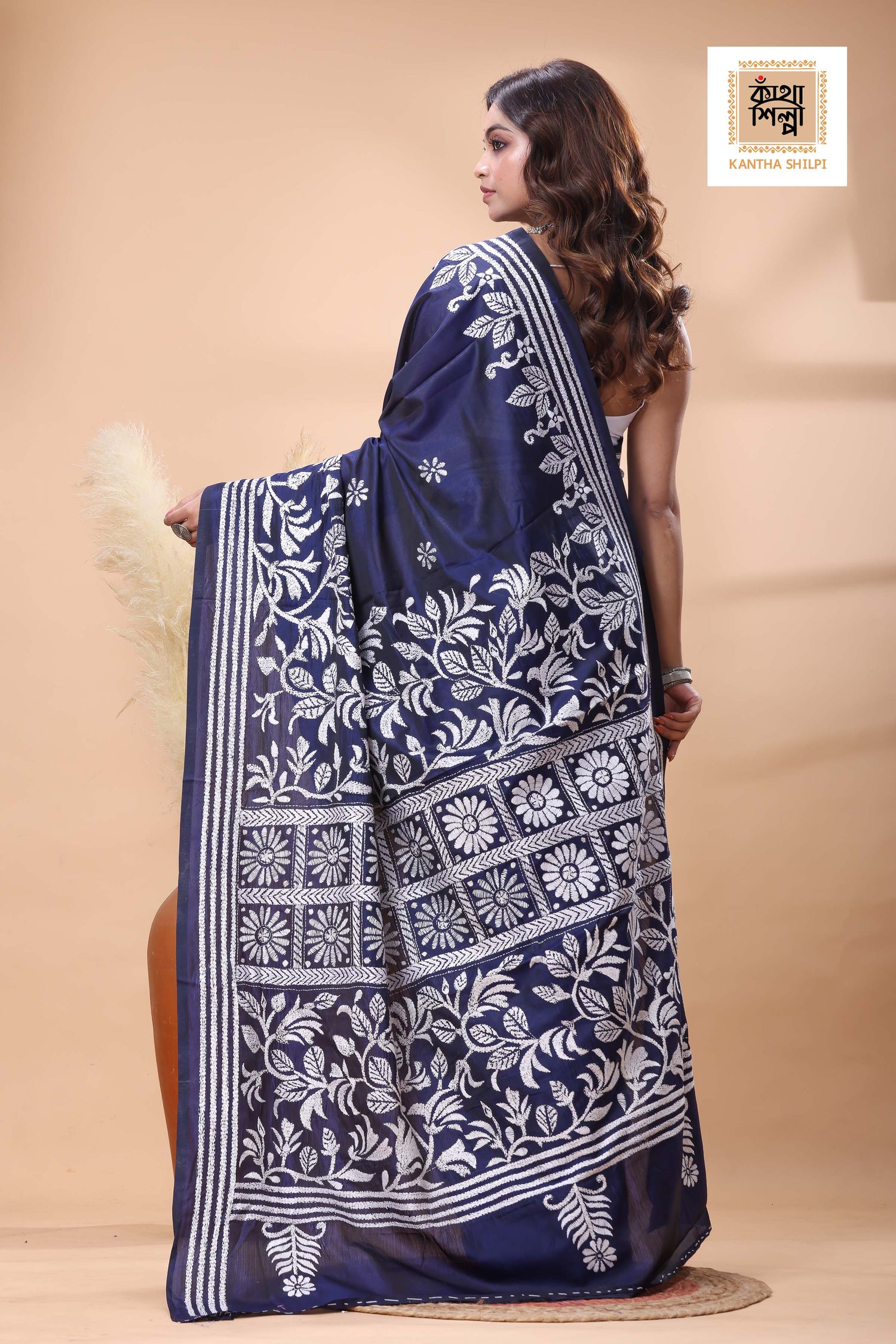 Blue Color Bangalore Silk White Color Thread Work Kantha Stitch Saree