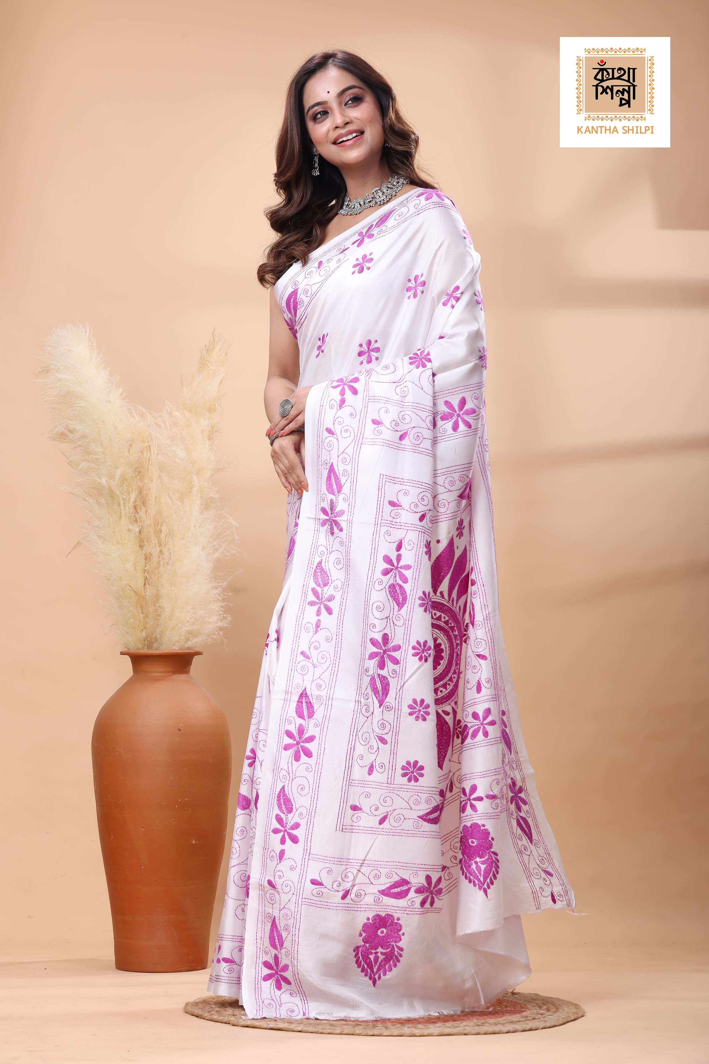White Color Bangalore Silk Pink Color Thread Work Kantha Stitch Saree