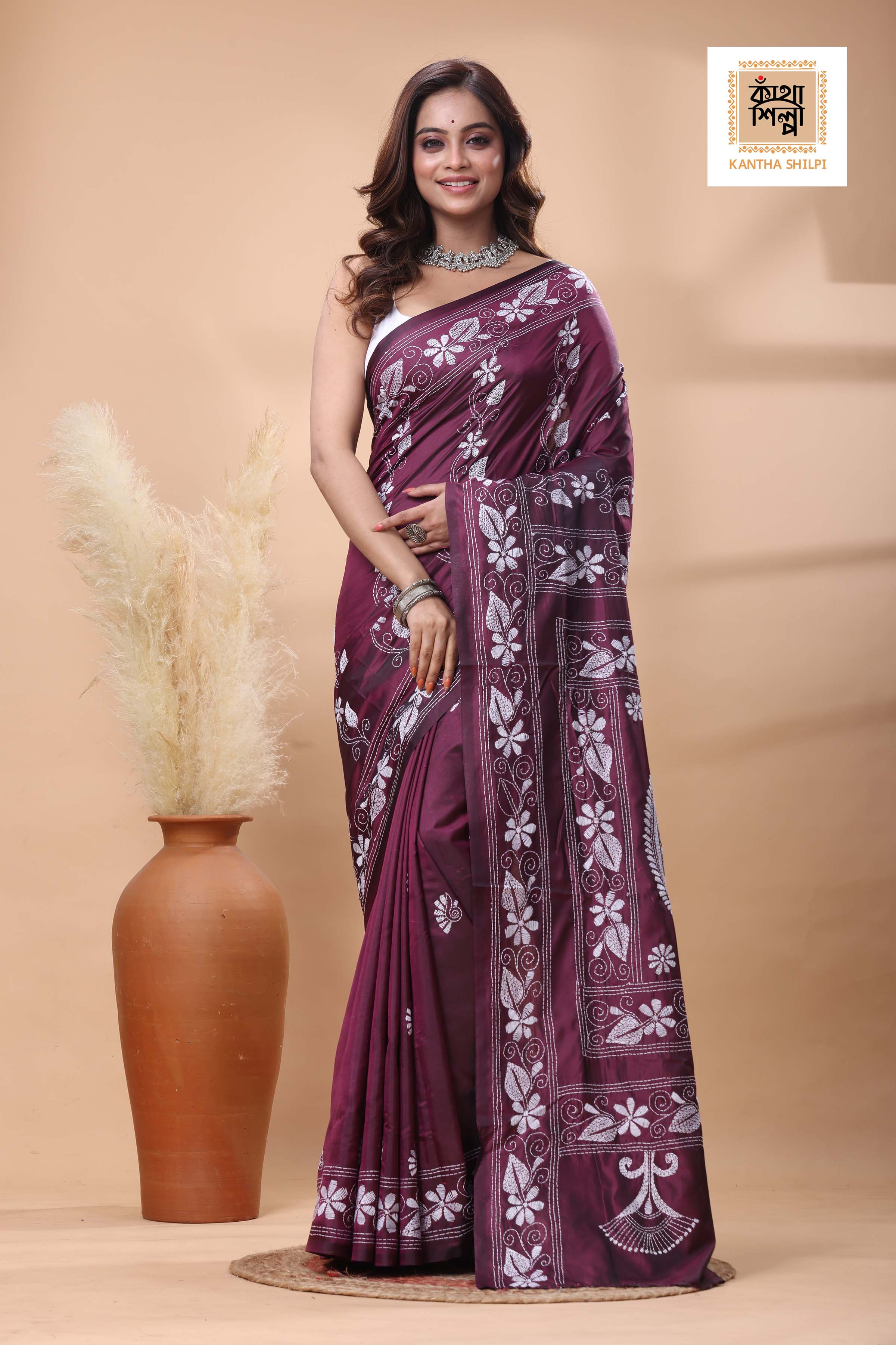 Cherry Cola Color Bangalore Silk White Color Thread Work Kantha Stitch Saree