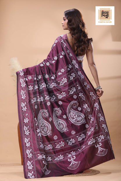Cherry Cola Color Bangalore Silk White Color Thread Work Kantha Stitch Saree