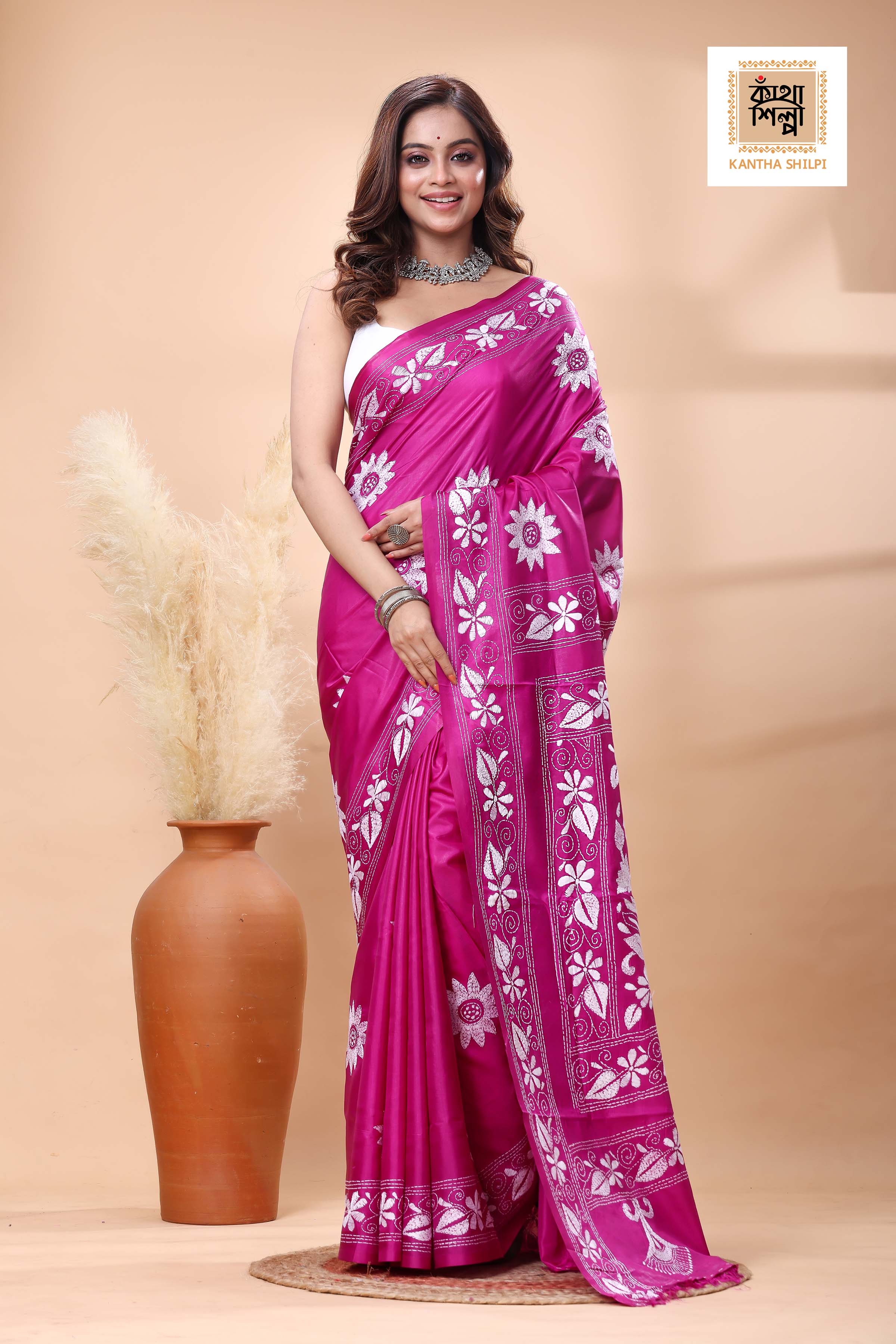 Magenta Color Bangalore Silk White Color Thread Work Kantha Stitch Saree