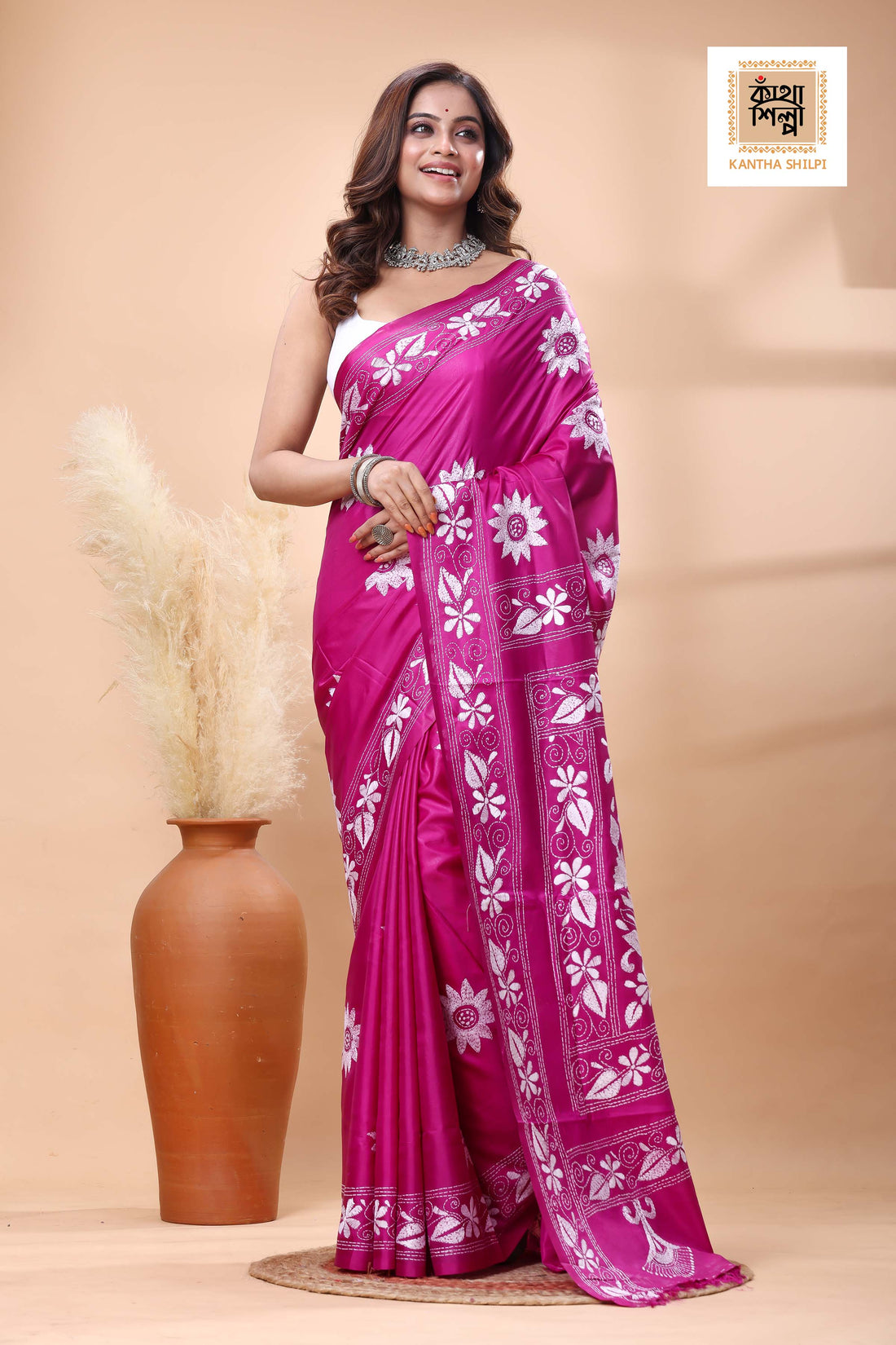 Magenta Color Bangalore Silk White Color Thread Work Kantha Stitch Saree