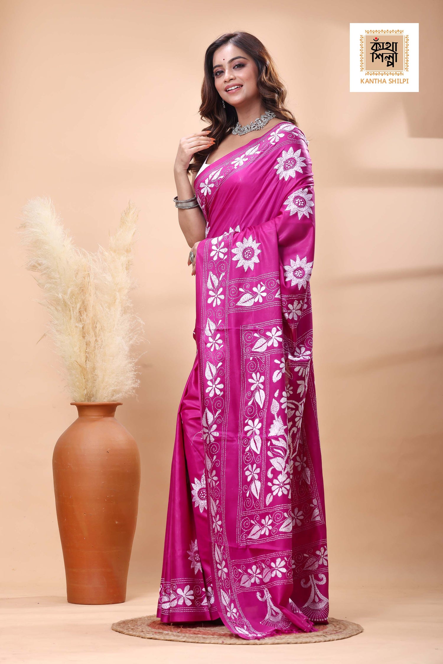 Magenta Color Bangalore Silk White Color Thread Work Kantha Stitch Saree