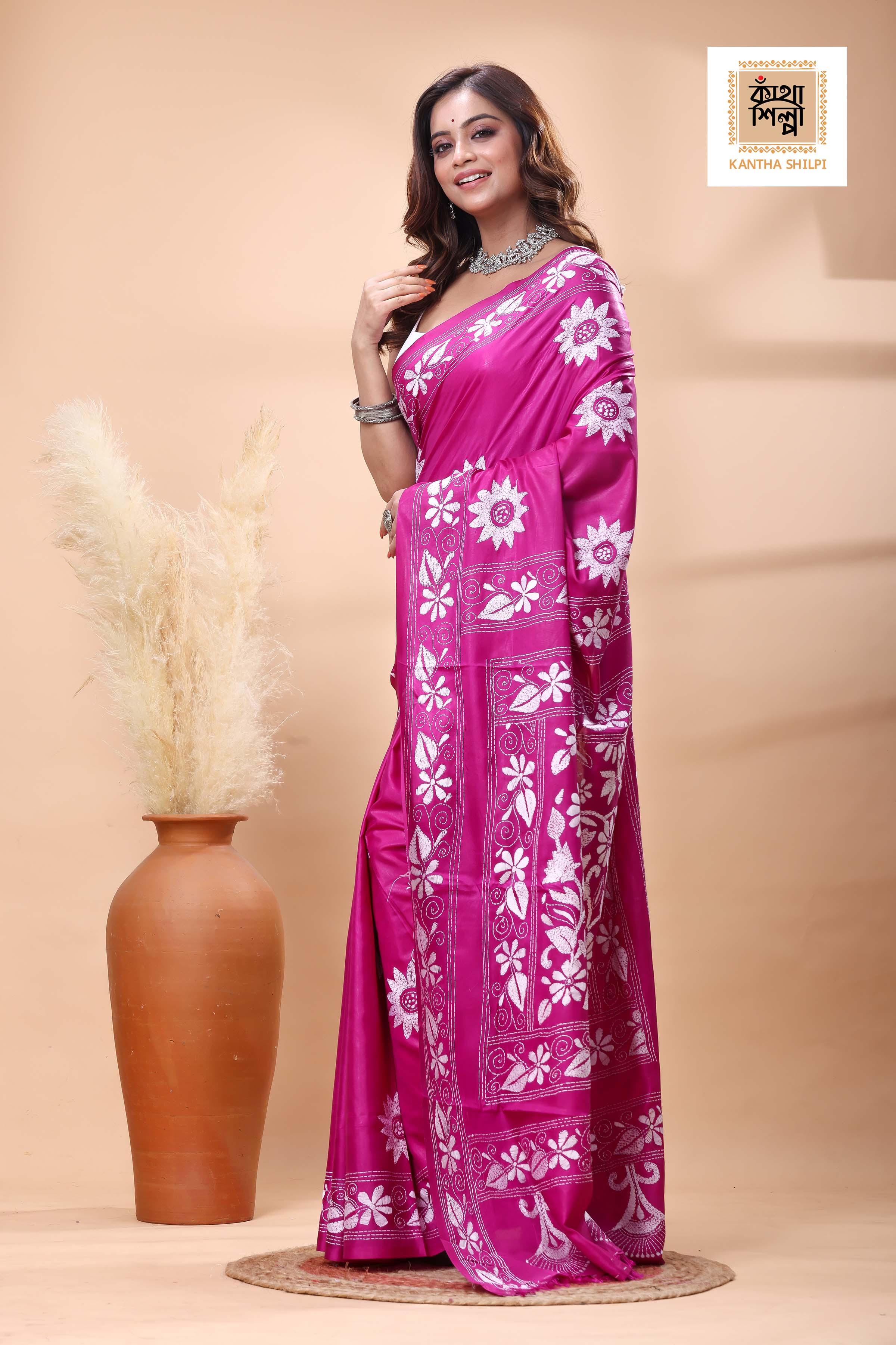 Magenta Color Bangalore Silk White Color Thread Work Kantha Stitch Saree