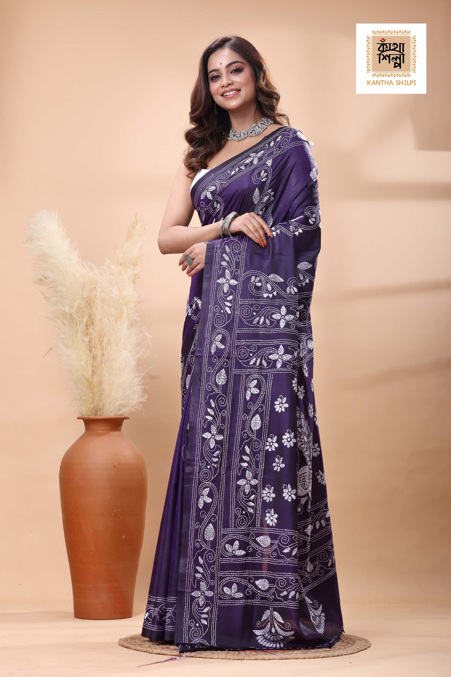 Purple Color Bangalore Silk White Color Thread Work Kantha Stitch Saree
