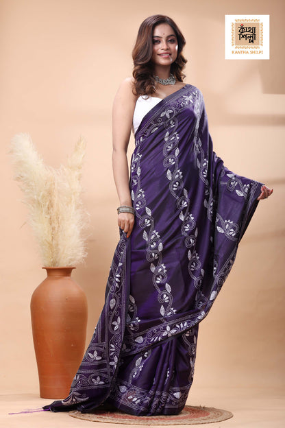 Purple Color Bangalore Silk White Color Thread Work Kantha Stitch Saree