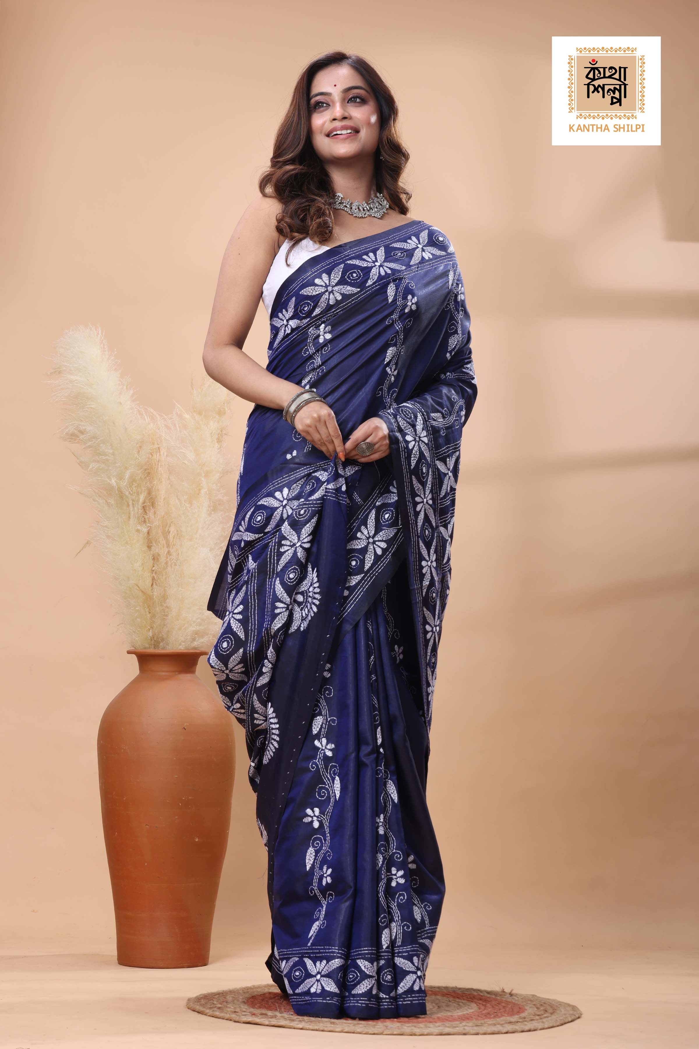 Blue Color Bangalore Silk White Color Thread Work Kantha Stitch Saree