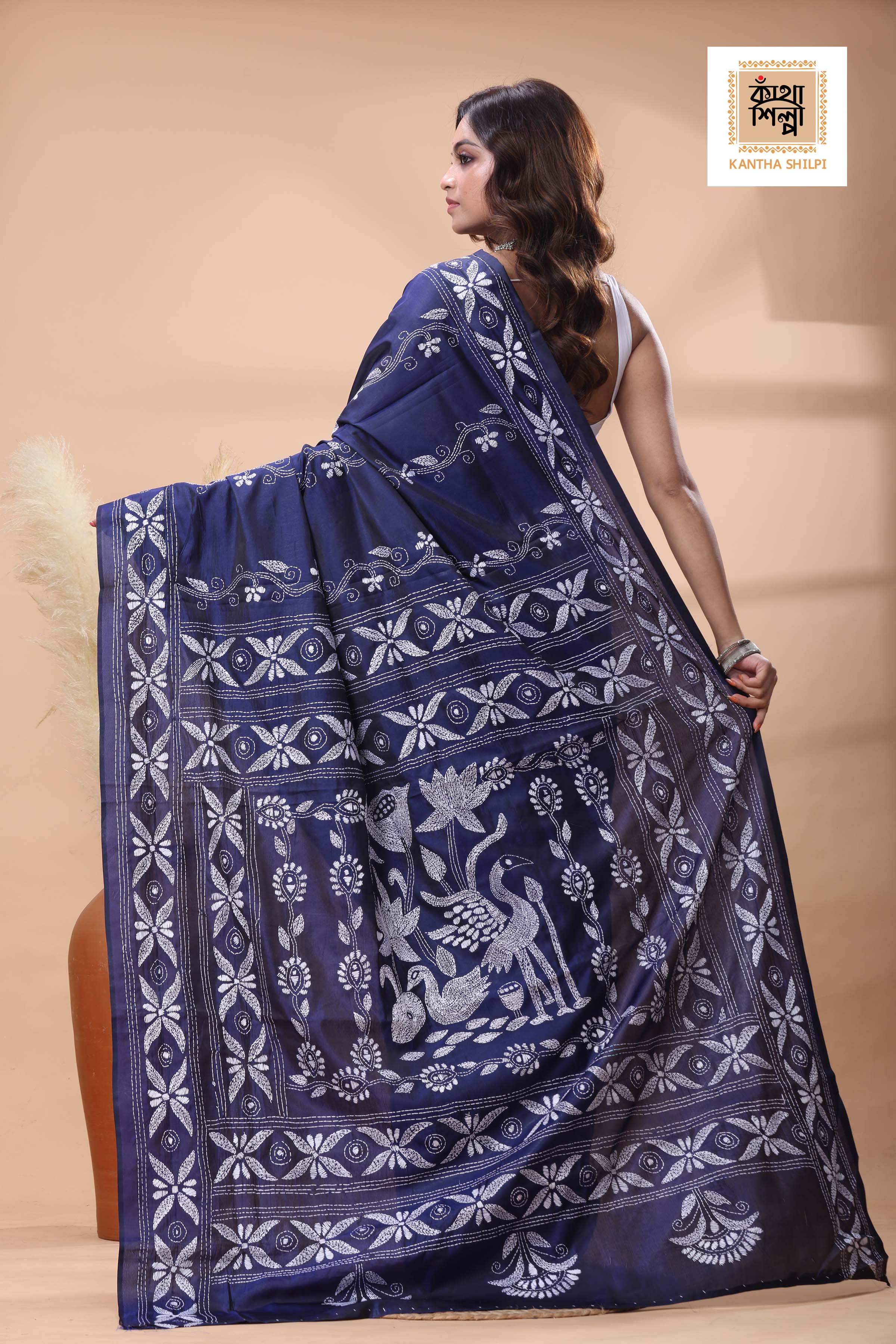 Blue Color Bangalore Silk White Color Thread Work Kantha Stitch Saree